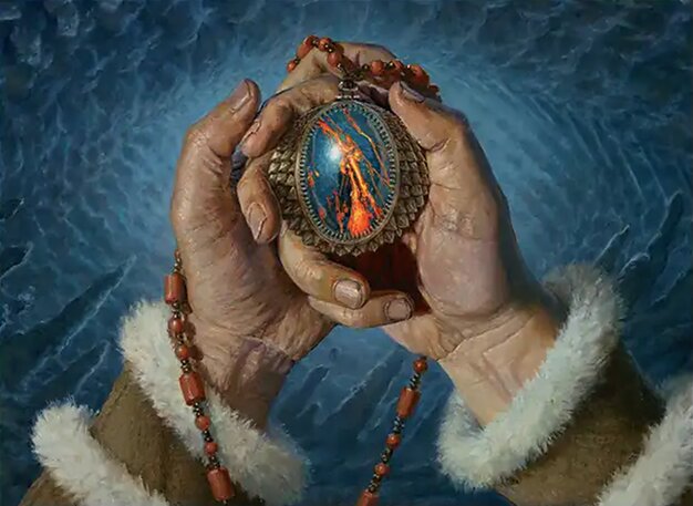 This is the artwork for Mox Jasper in the upcoming Magic the Gathering set Tarkir Dragonstorm. The art depicts two hands clasped together holding a necklace. The necklace has a pendant on it which is a blue gem with red dragon's breath sprayed across it. The gem has a setting of dragon scales connecting it to the necklace. The art is illustrated by Steven Belledin.